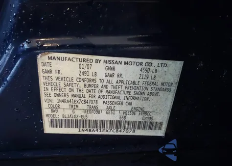 2007 Nissan Maxima 3.5 Sl z USA, uszkodzony, nr VIN 1N4BA41EX7C847078